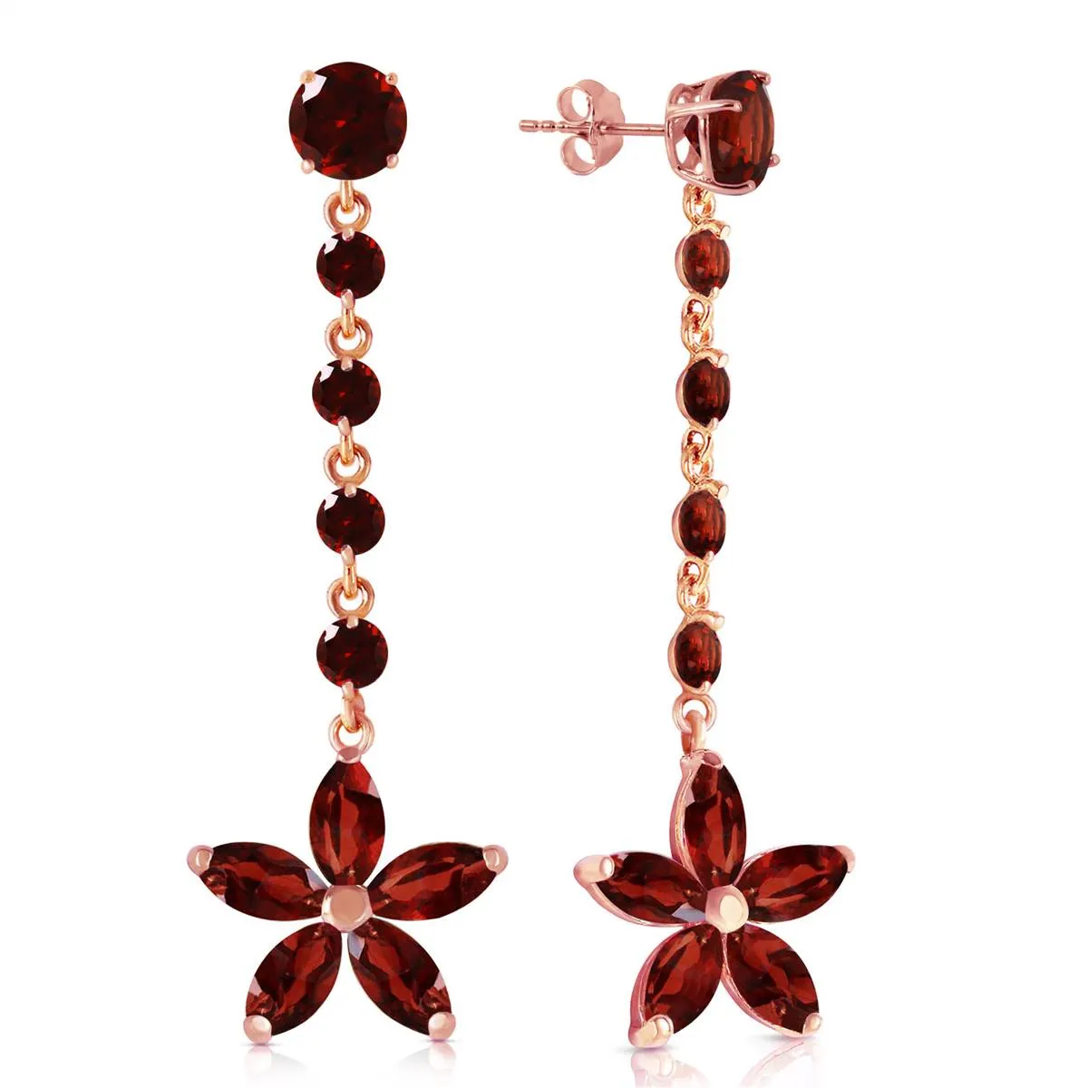 14K Solid Rose Gold Chandelier Flower Garnet Earrings