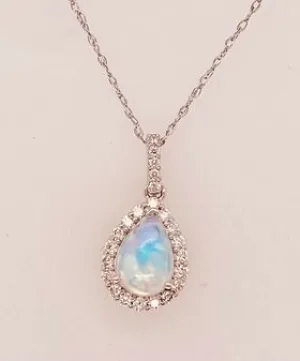 14K White Gold Opal and Diamond Pendant Necklace