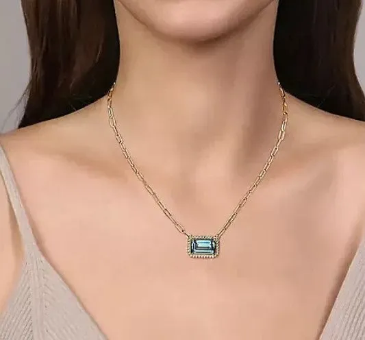 14K Yellow Gold Diamond and Blue Topaz Emerald Cut Necklace