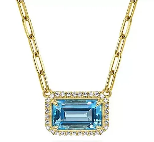 14K Yellow Gold Diamond and Blue Topaz Emerald Cut Necklace