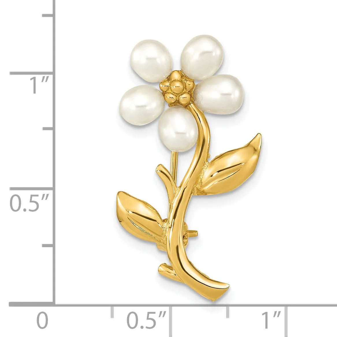 14K Yellow Gold Polished Finish Women's  4-5 mm Size Rice White Freshwater Cultured Flower Design Brooch Pin