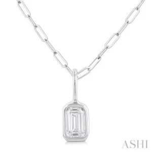 1/5 ctw Emerald Cut Bezel Set Diamond Fashion Pendant With Paper Clip Chain in 14K White Gold