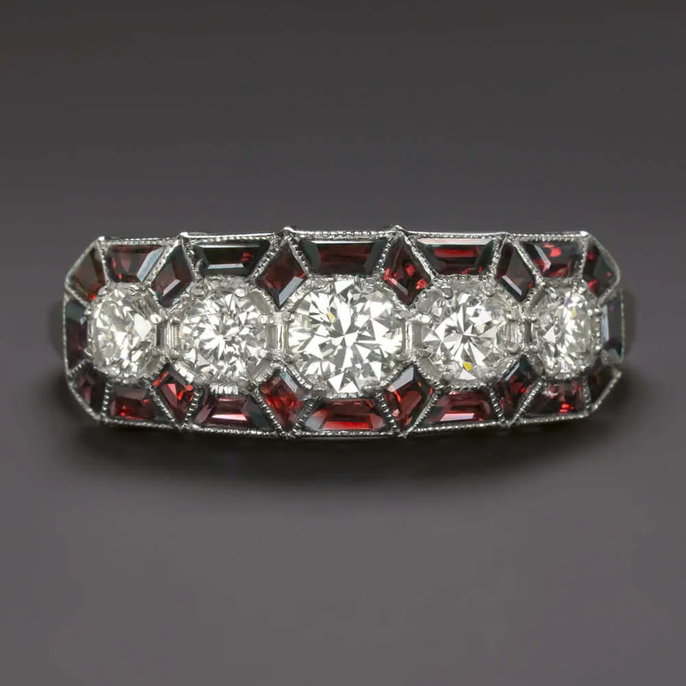 1.5ct DIAMOND RUBY VINTAGE STYLE RING ART DECO GEOMETRIC COCKTAIL WHITE GOLD