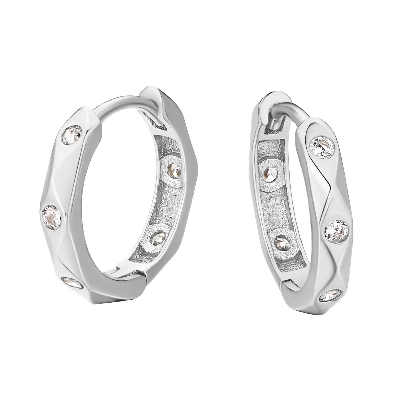 15mm Irregular Polygon Sterling Silver Diamond Round Hoop Mens Earrings