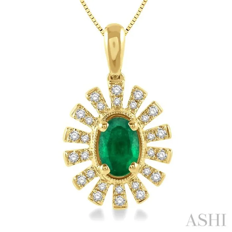 1/8 ctw Floral Pattern 6x4mm Oval Cut Emerald & Round Cut Diamond Precious Pendant With Chain in 10K Yellow Gold