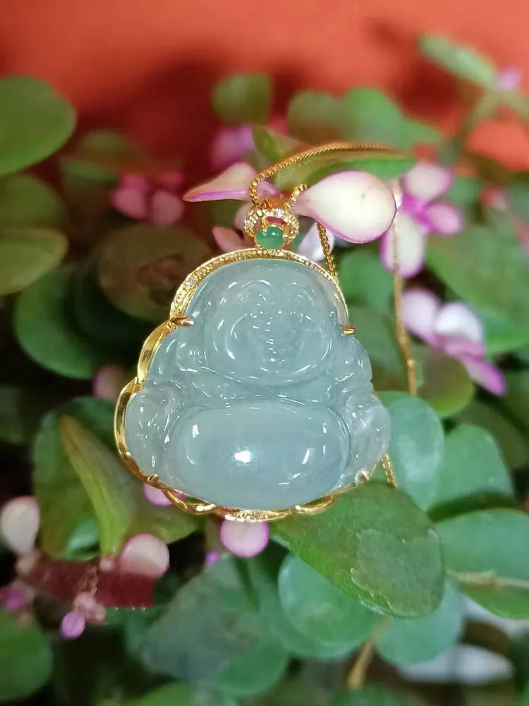 18K Gold Inlay Natural Ice Jadeite Jade Laughing Buddha「Happiness」Pendant Necklace for Men and Women