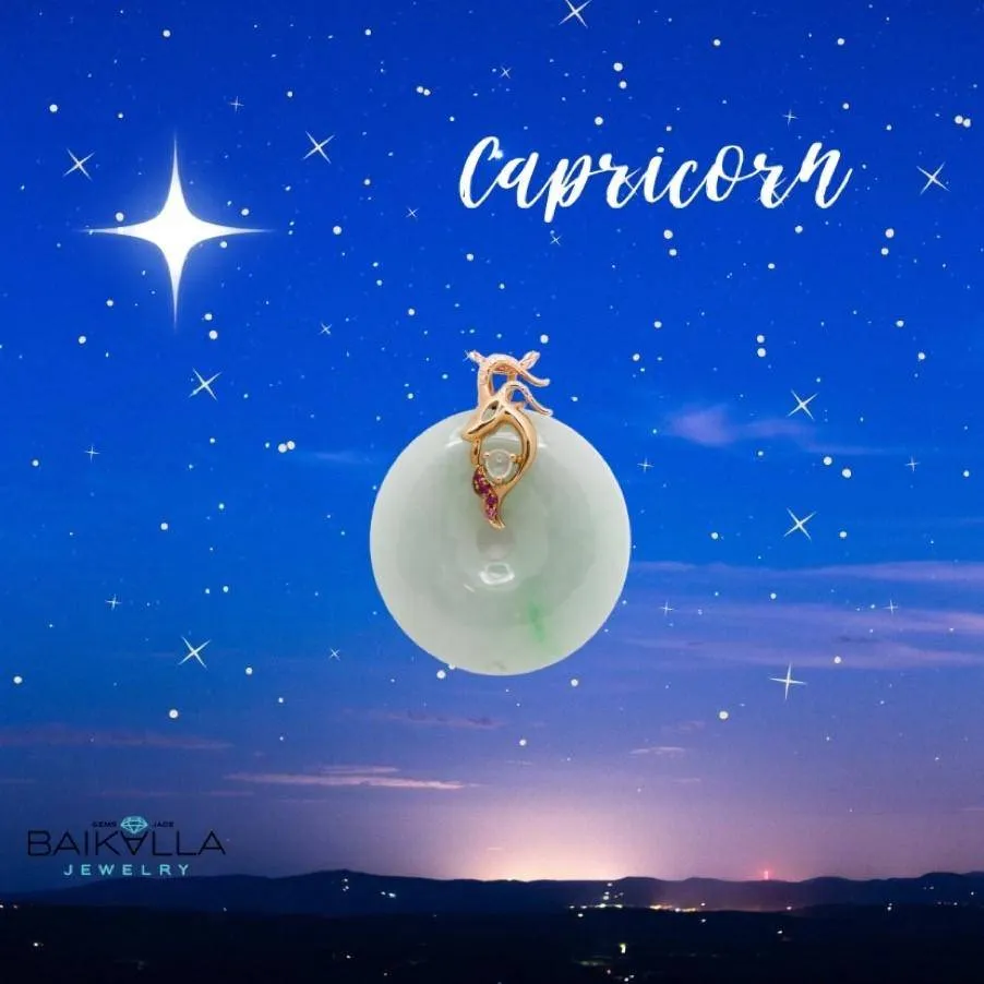 18k Rose Gold Genuine Jadeite Constellation 12 Zodiac Signs (Capricorn) Necklace