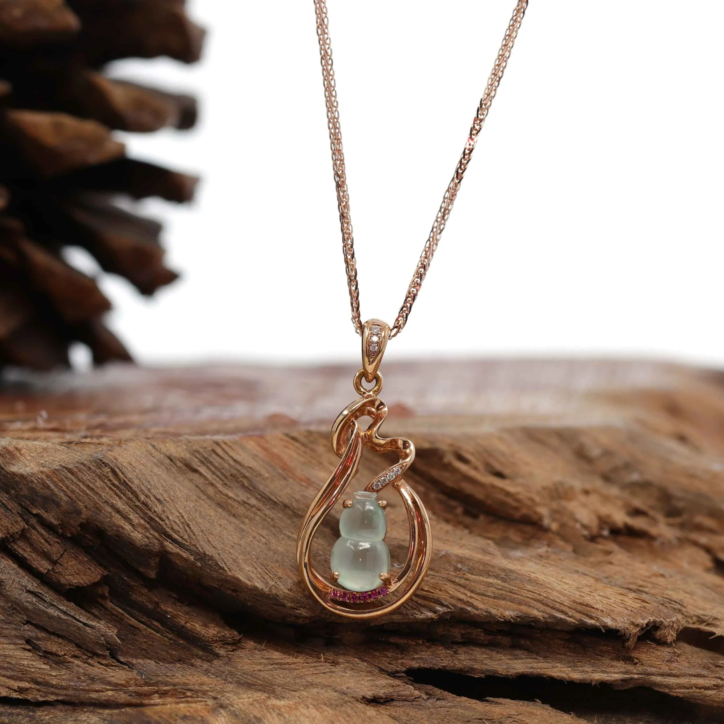 18K Rose Gold Ice Jadeite Jade Hulu Necklace with Diamonds