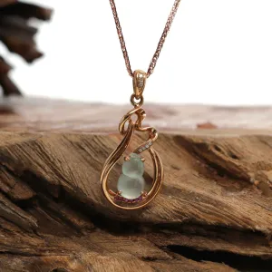 18K Rose Gold Ice Jadeite Jade Hulu Necklace with Diamonds