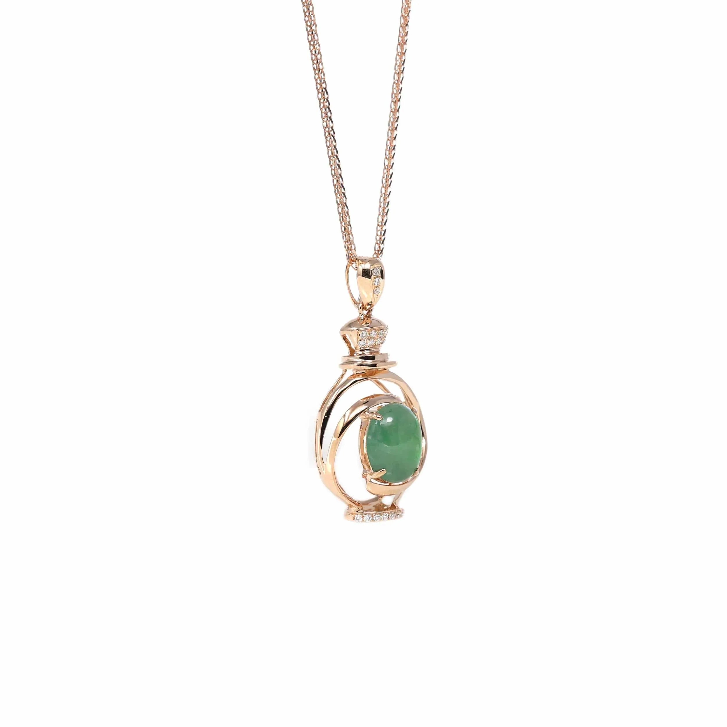 18K Rose Gold Oval Imperial Jadeite Jade Perfume Bottle Necklace with Diamonds