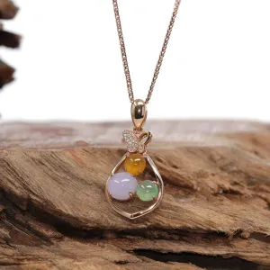 18K Rose Gold "Lucky Goodie Sack" Multi-Color Jadeite Jade Cabochon Necklace with Diamonds