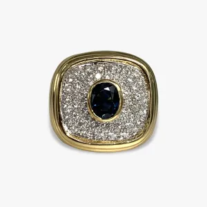 18k Yellow Gold Oval Cut Blue Sapphire and Diamond Vintage Cocktail Ring