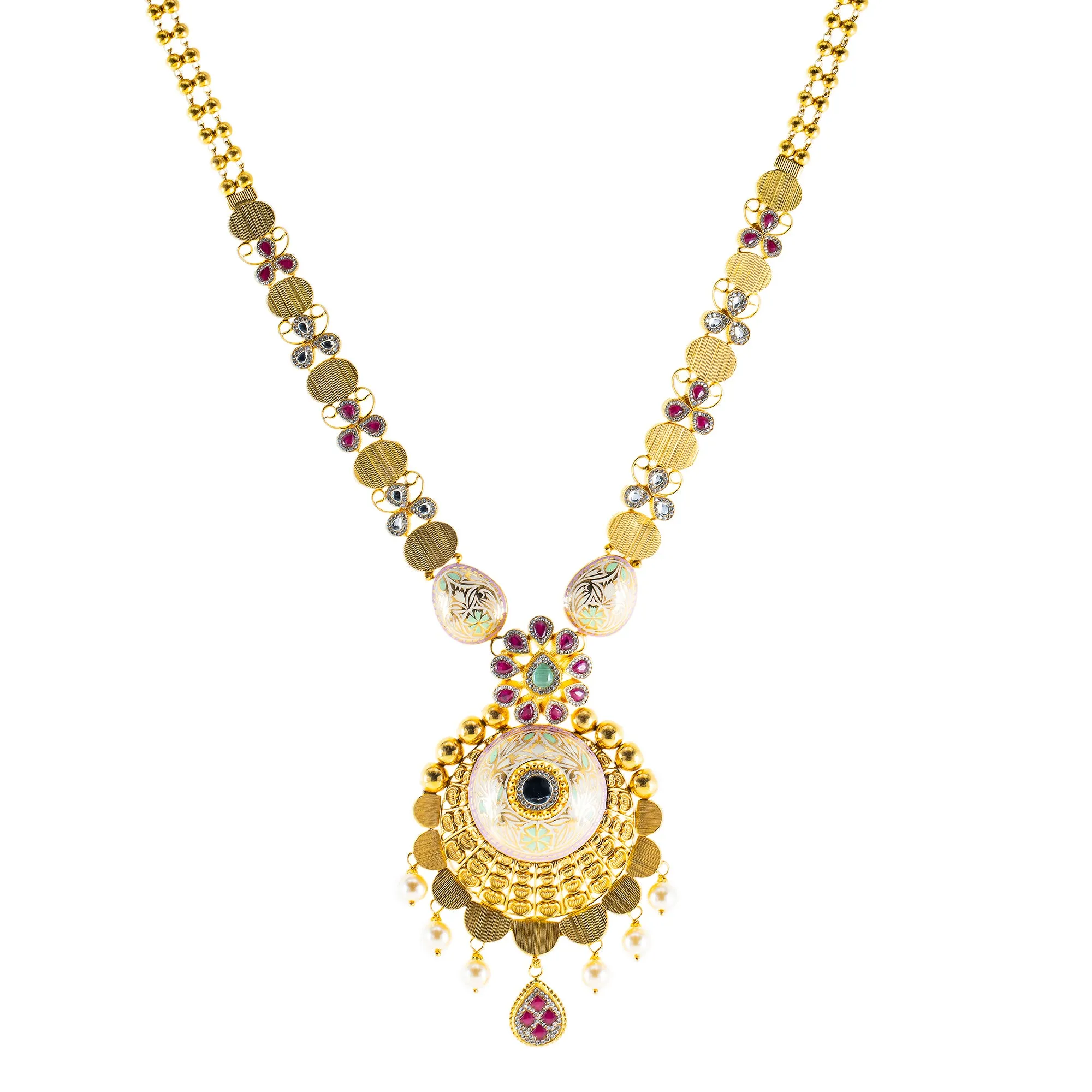 22K Yellow Gold Bridal Necklace Set w/ CZ, Emerald & Ruby (76.2gm)