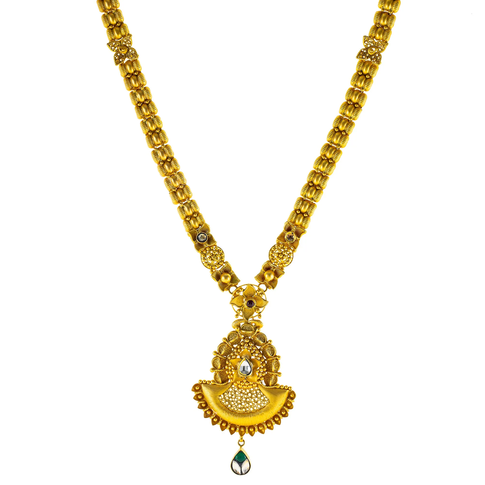 22K Yellow Gold Necklace Set w/ Kundan & Emerald (68.8 gm)