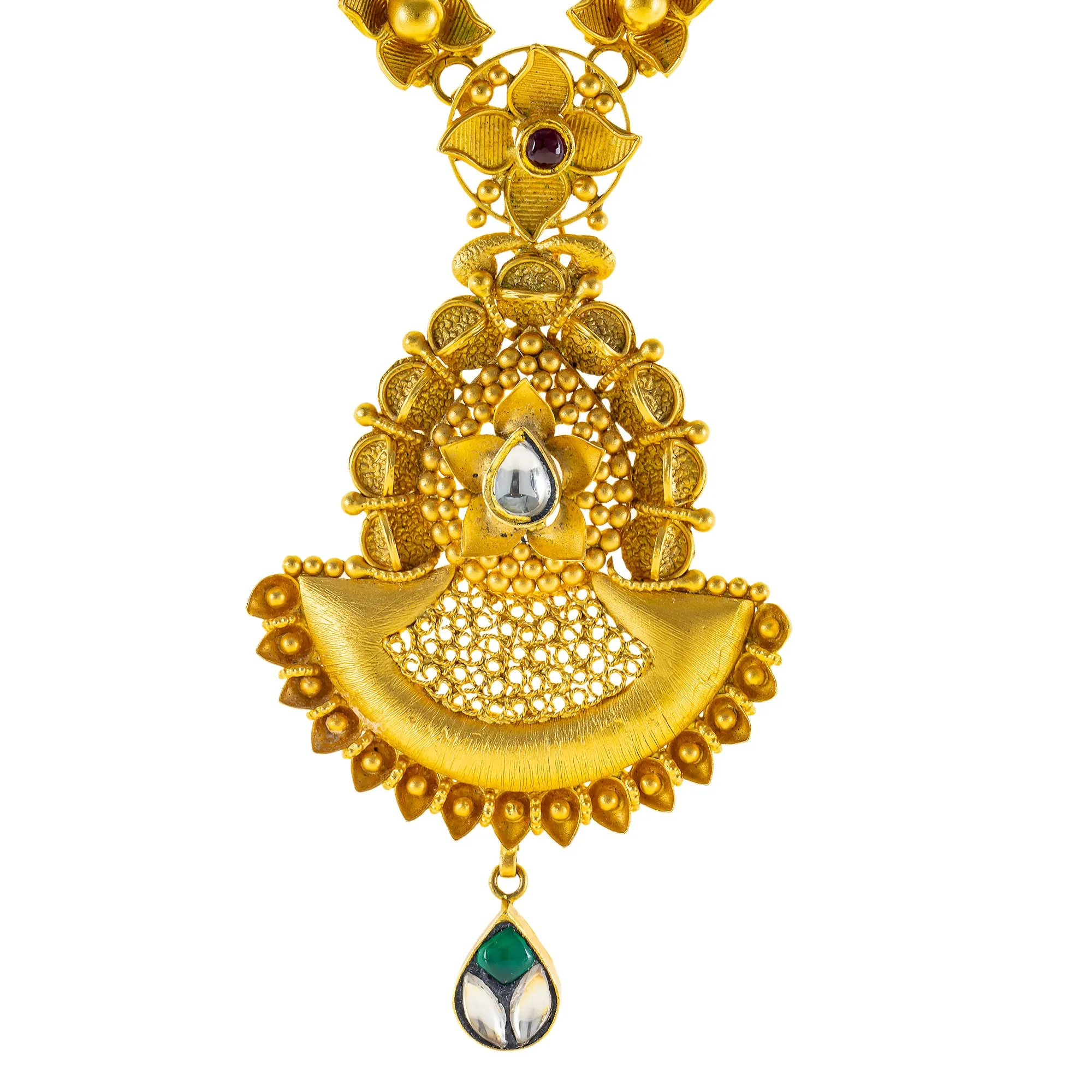 22K Yellow Gold Necklace Set w/ Kundan & Emerald (68.8 gm)