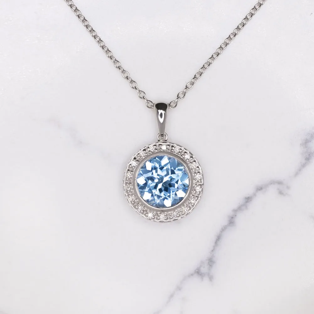 4 ct SWISS BLUE TOPAZ DIAMOND PENDANT NECKLACE 14k WHITE GOLD HALO ROUND CUT