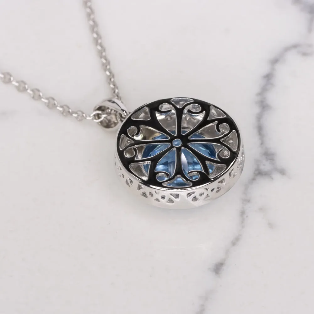 4 ct SWISS BLUE TOPAZ DIAMOND PENDANT NECKLACE 14k WHITE GOLD HALO ROUND CUT