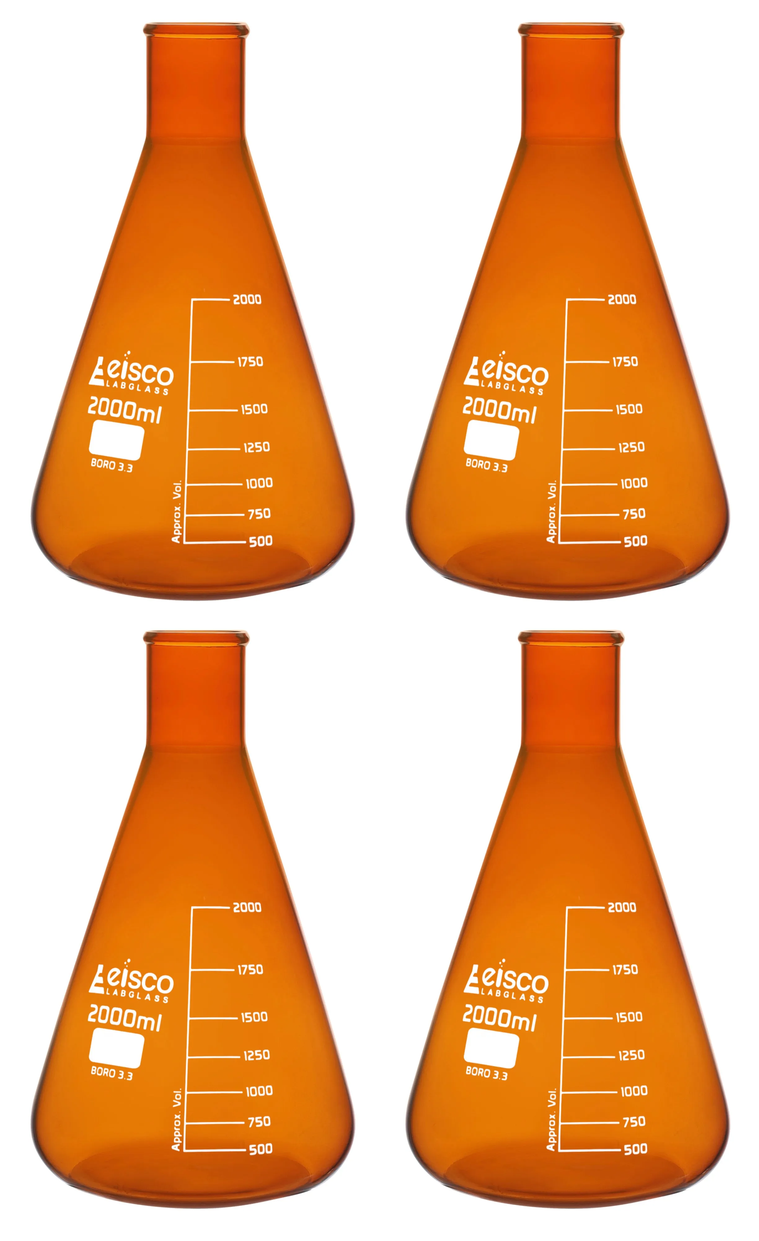 4PK Erlenmeyer Flask, Amber, 2000mL - Narrow Neck - Borosilicate Glass