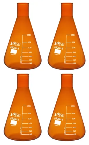 4PK Erlenmeyer Flask, Amber, 2000mL - Narrow Neck - Borosilicate Glass