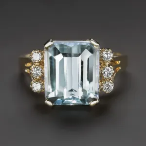 7.5ct BLUE TOPAZ DIAMOND COCKTAIL RING EMERALD CUT 14k YELLOW GOLD NATURAL BIG