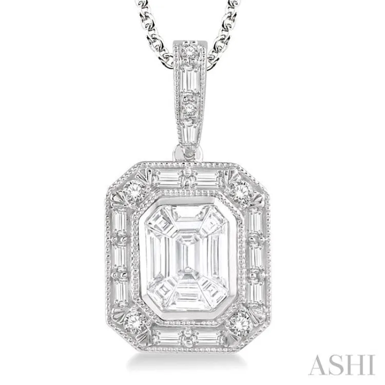 7/8 Ctw Emerald, Baguette & Round Cut Fusion Diamond Pendant in 14K White Gold