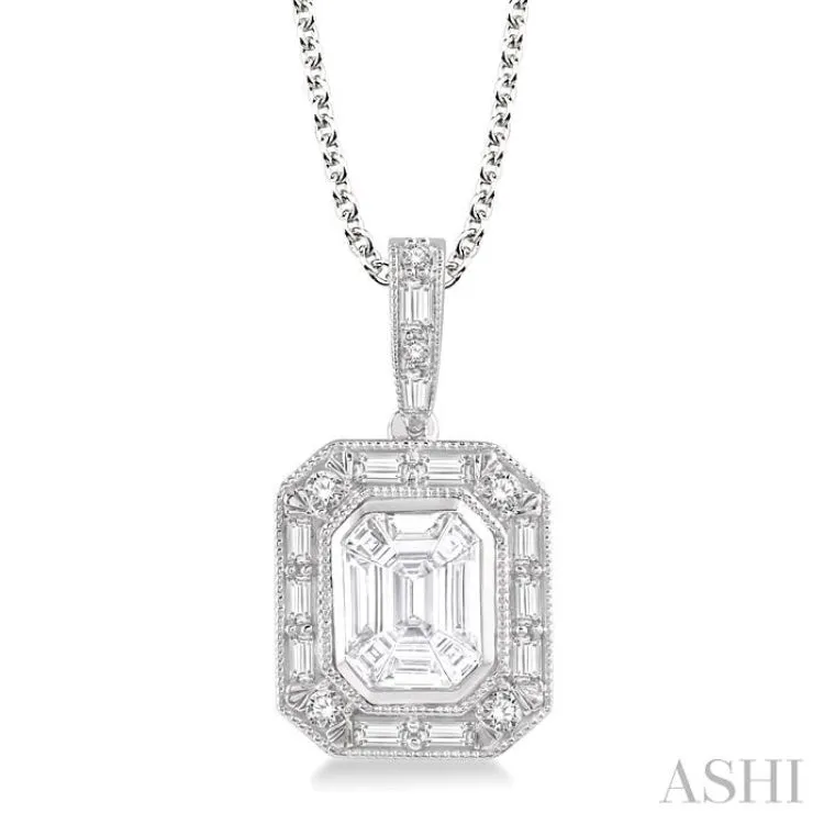 7/8 Ctw Emerald, Baguette & Round Cut Fusion Diamond Pendant in 14K White Gold