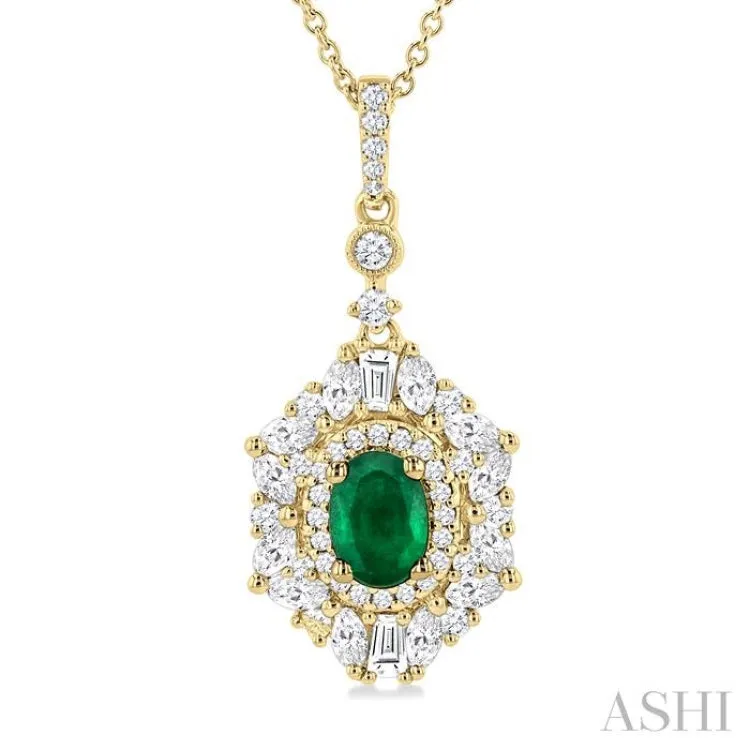 7X5MM Oval Cut Emerald and 1 ctw Marquise, Baguette & Round Cut Diamond Halo Precious Pendant With Chain in 14K Yellow Gold