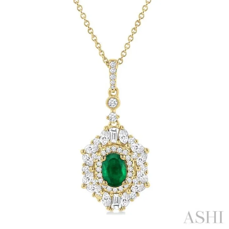 7X5MM Oval Cut Emerald and 1 ctw Marquise, Baguette & Round Cut Diamond Halo Precious Pendant With Chain in 14K Yellow Gold