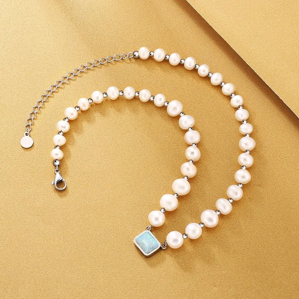 8mm Opal March Birthstone Freshwater Pearl Beaded Necklace for Women KRKC