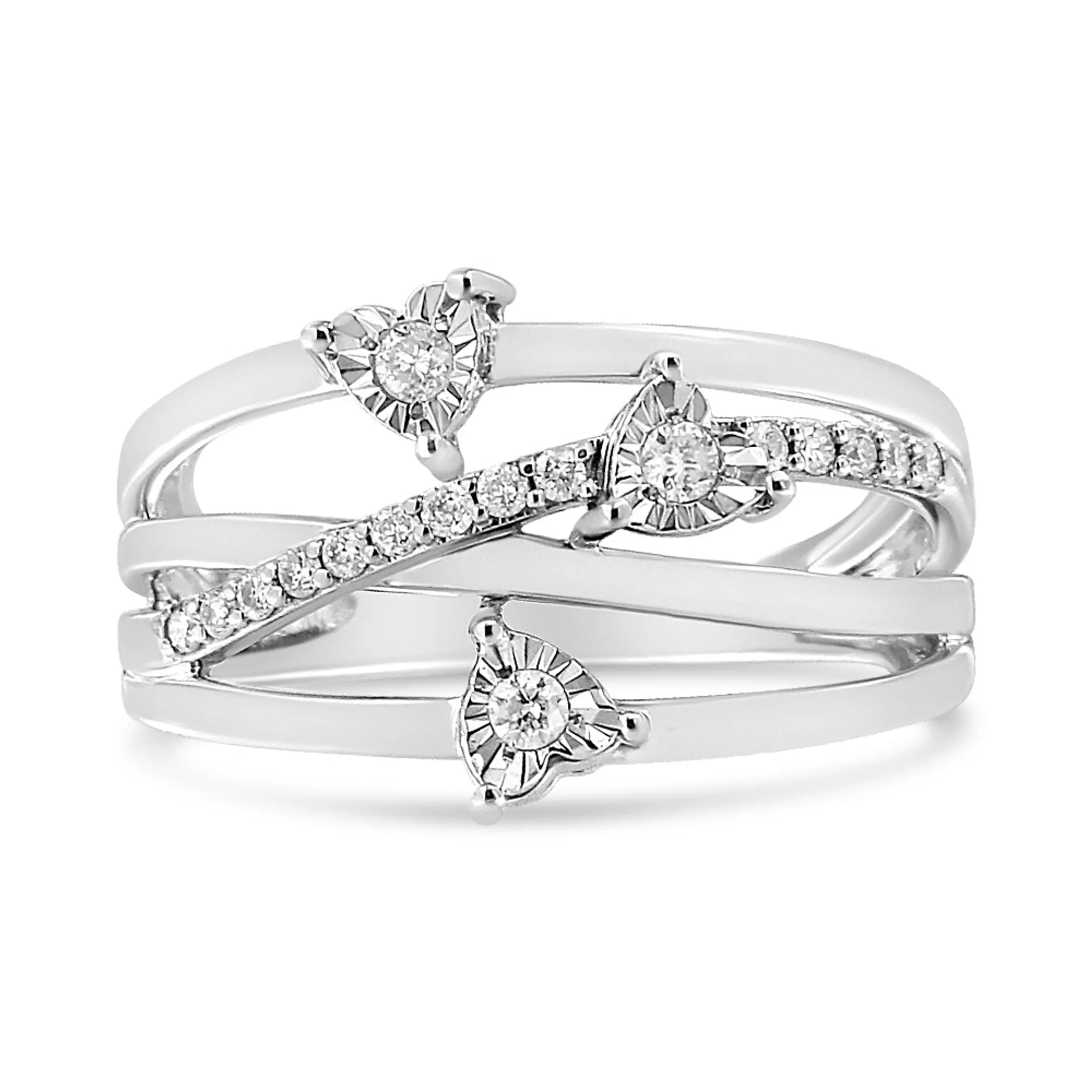 .925 Sterling Silver 1/5 Cttw Miracle-Set Diamond Heart Cross-Over Bypass Ring (I-J Color, I2-I3 Clarity)