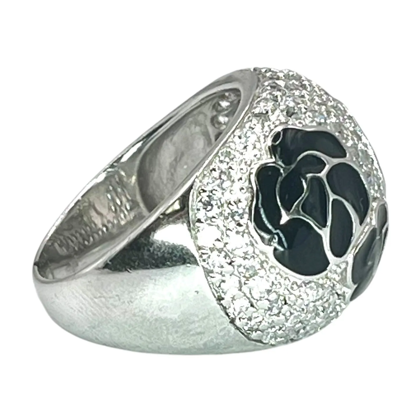 925 Sterling Silver Floral Cocktail Statement Ring Size 9 CZ Enamel Feminine