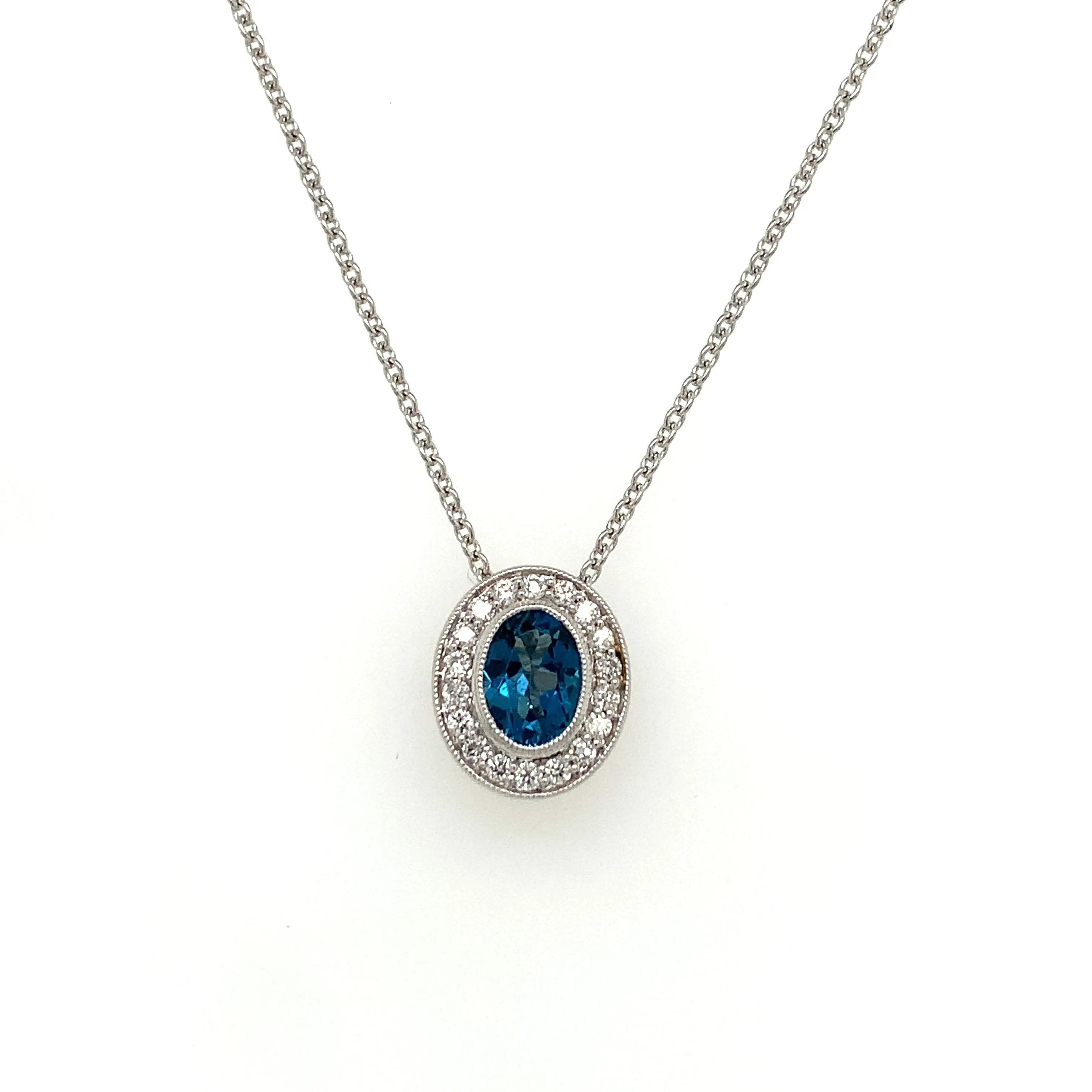 9ct White Gold 1.09ct London Blue Topaz & Diamond Halo Pendant