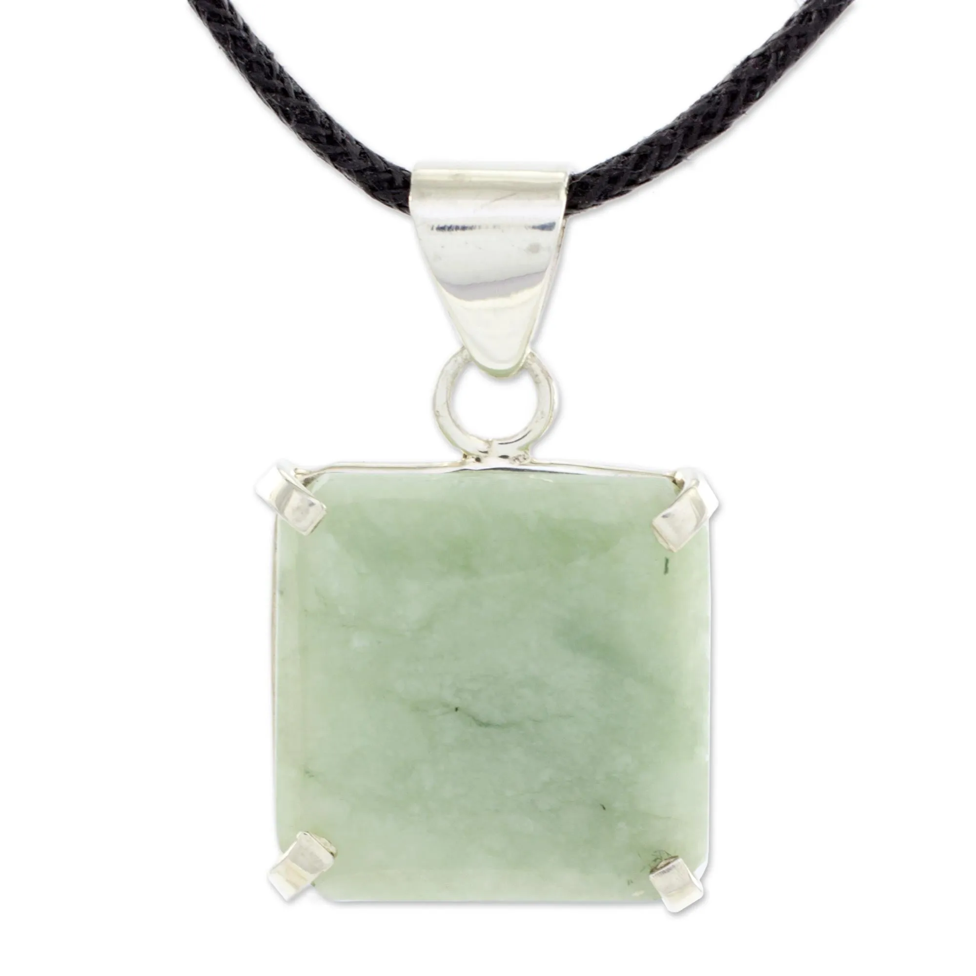 Abstract Square Handcrafted Silver and Apple Green Maya Jade Necklace