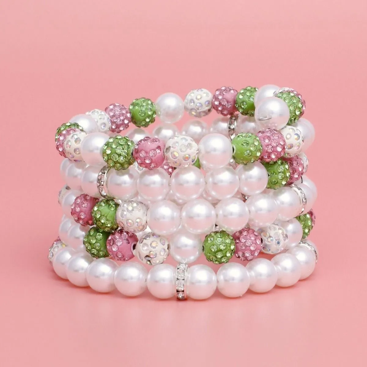 AKA Alpha Kappa Alpha Inspired Bracelet White Pearl and Bead Memory Wire Bracelet