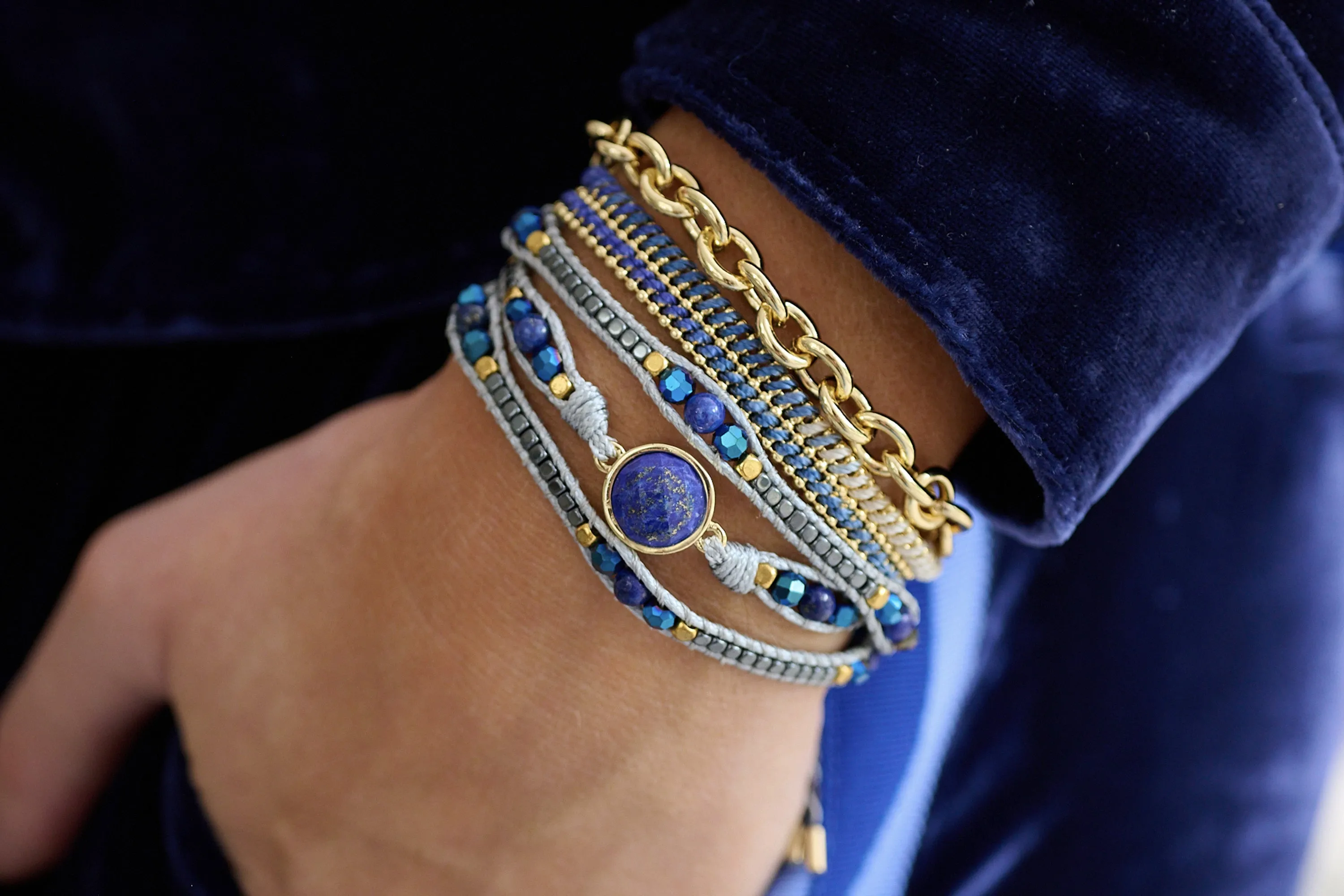 America Blue & Gold Lapis Lazuli Gemstone Wrap Bracelet