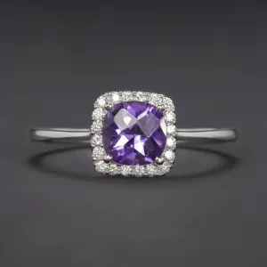 AMETHYST DIAMOND HALO COCKTAIL RING 14K WHITE GOLD NATURAL PURPLE CUSHION CUT