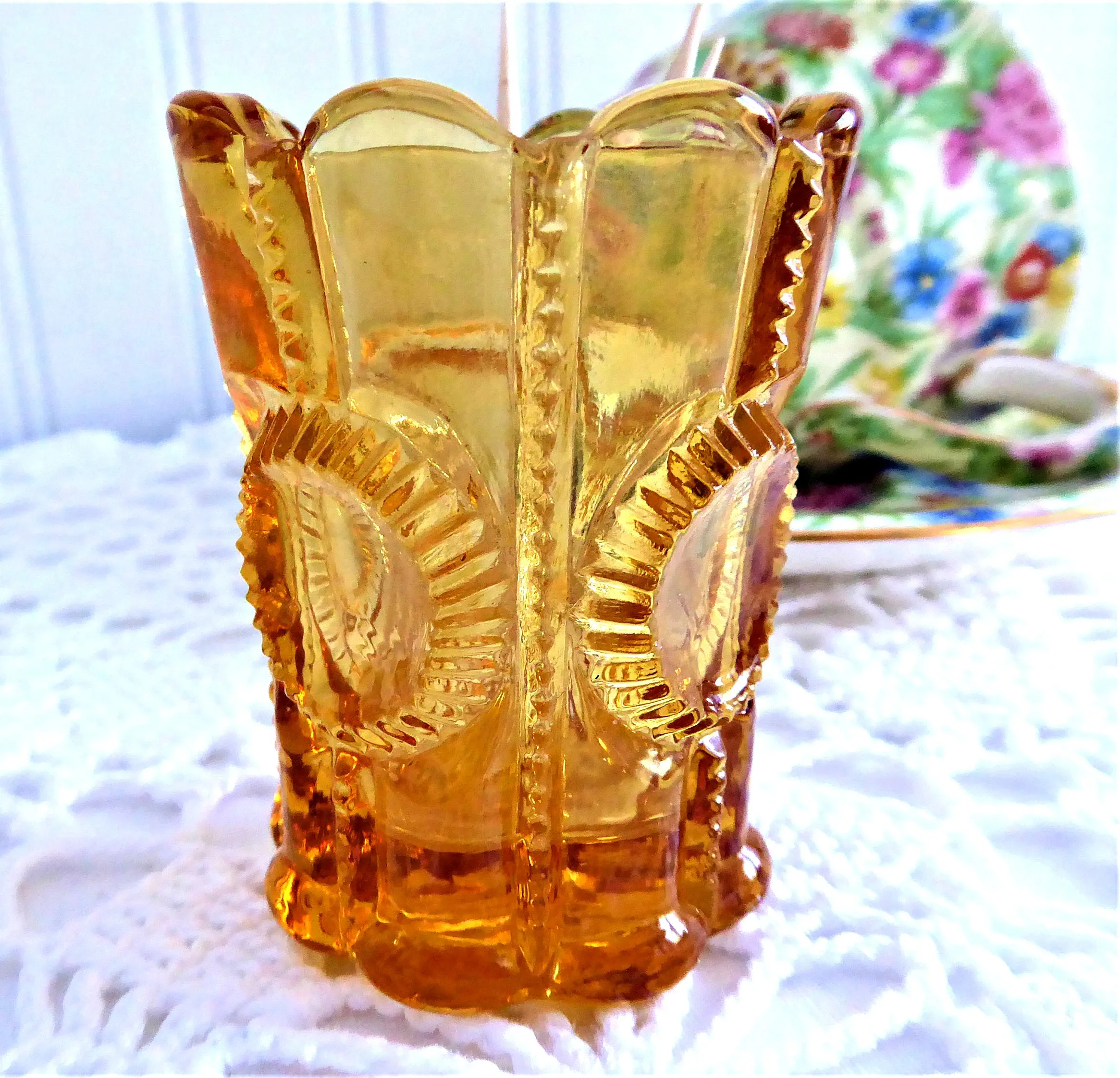 Antique Amber Glass Toothpick Holder Columbia Pattern by Flint Glass 1899-1904