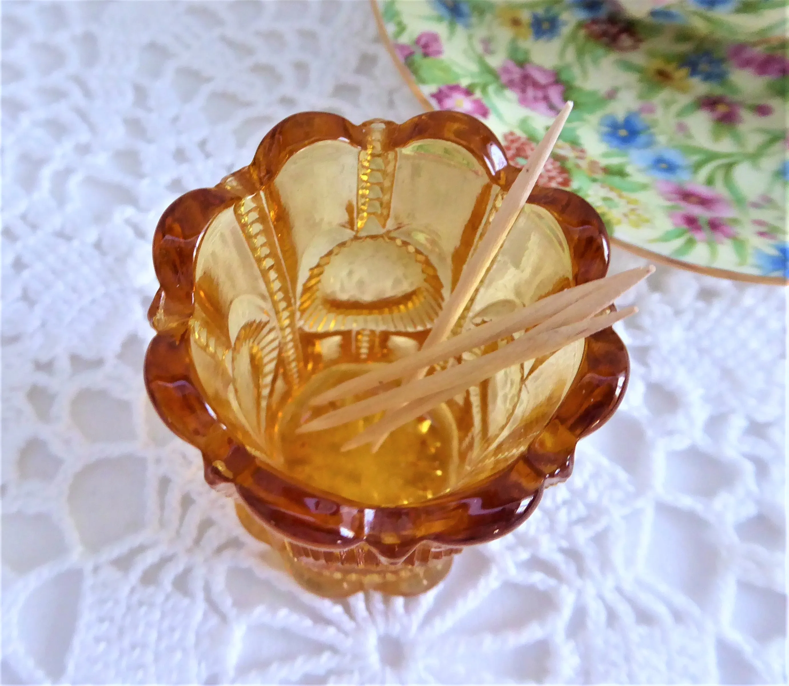 Antique Amber Glass Toothpick Holder Columbia Pattern by Flint Glass 1899-1904