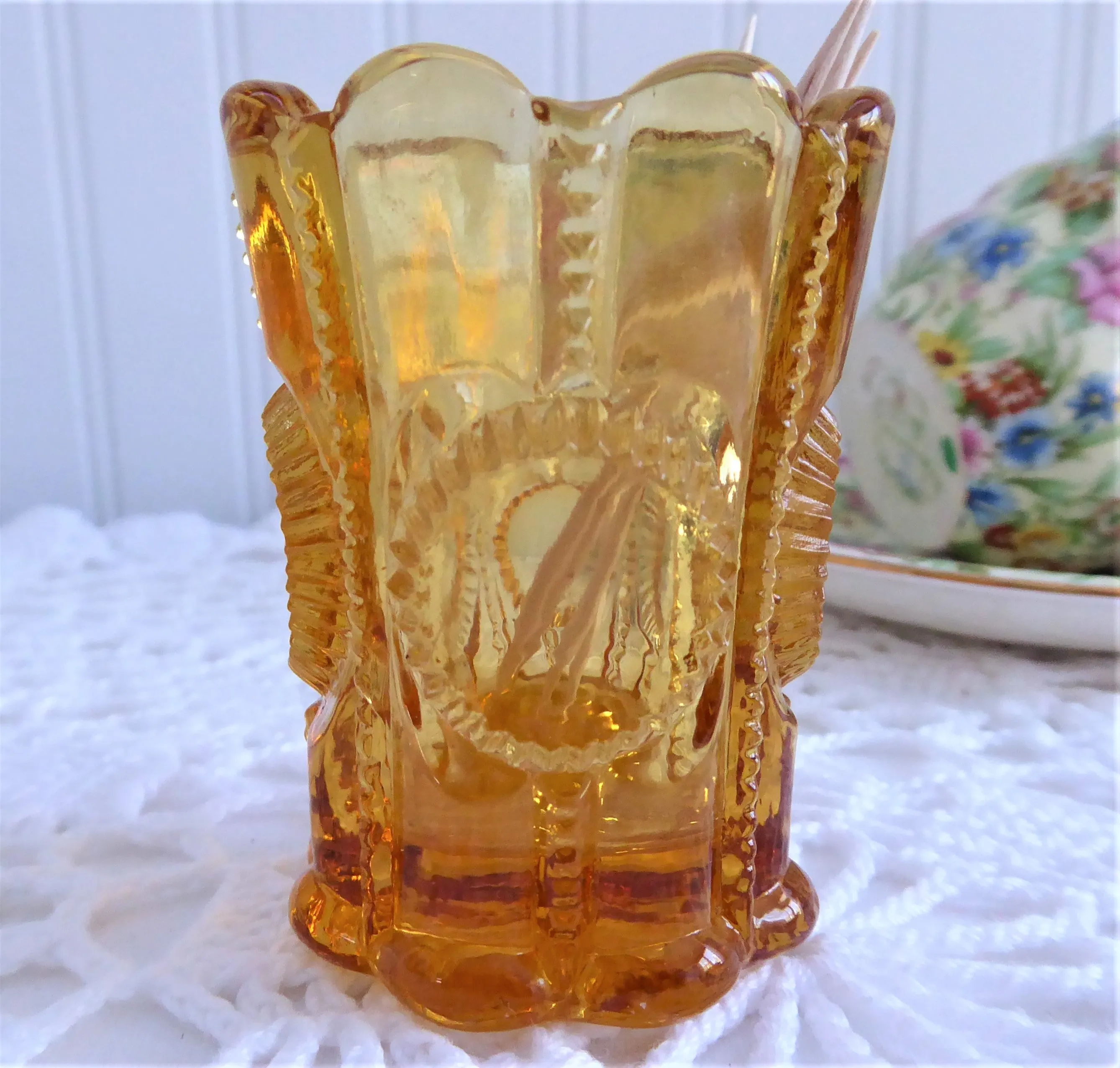 Antique Amber Glass Toothpick Holder Columbia Pattern by Flint Glass 1899-1904