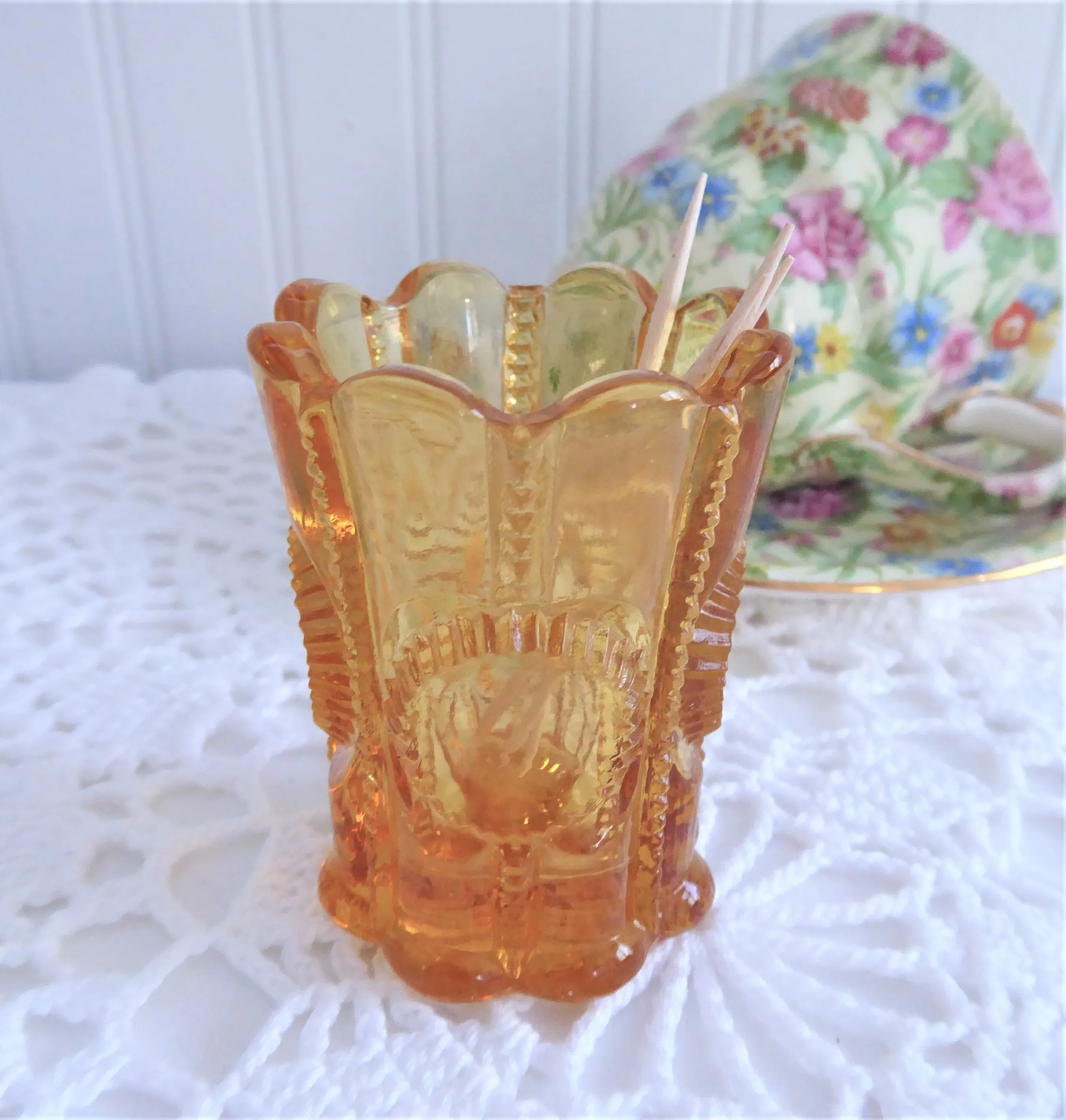 Antique Amber Glass Toothpick Holder Columbia Pattern by Flint Glass 1899-1904