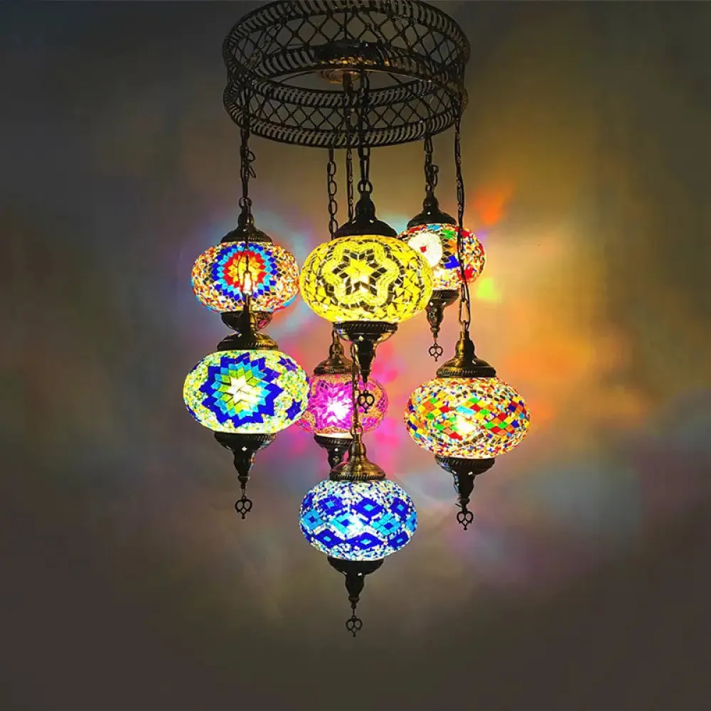 Antique Bronze 7-Head Chandelier with Colorful Glass Shades - Elegant Living Room Lighting Fixture