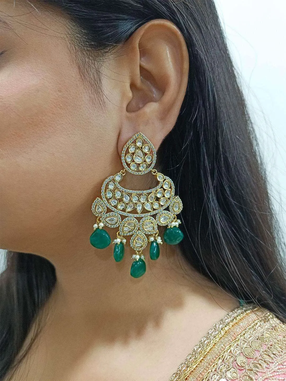 Antique Chandbali Polki Earrings Green