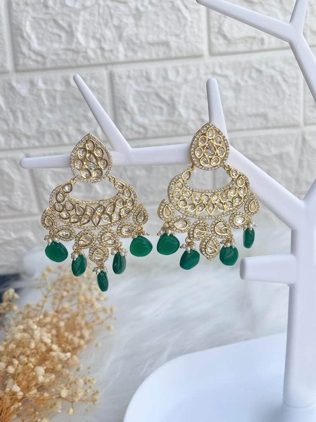 Antique Chandbali Polki Earrings Green