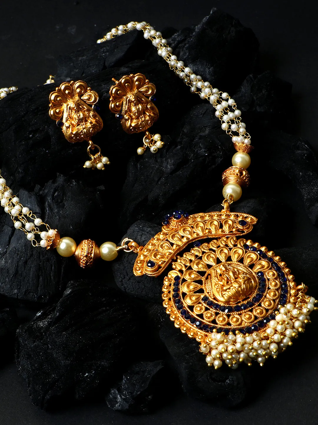 Antique Matte Gold Finish Goddess Laxmi Blue Stone Studded Temple Jewellery Set - Anikas Creation