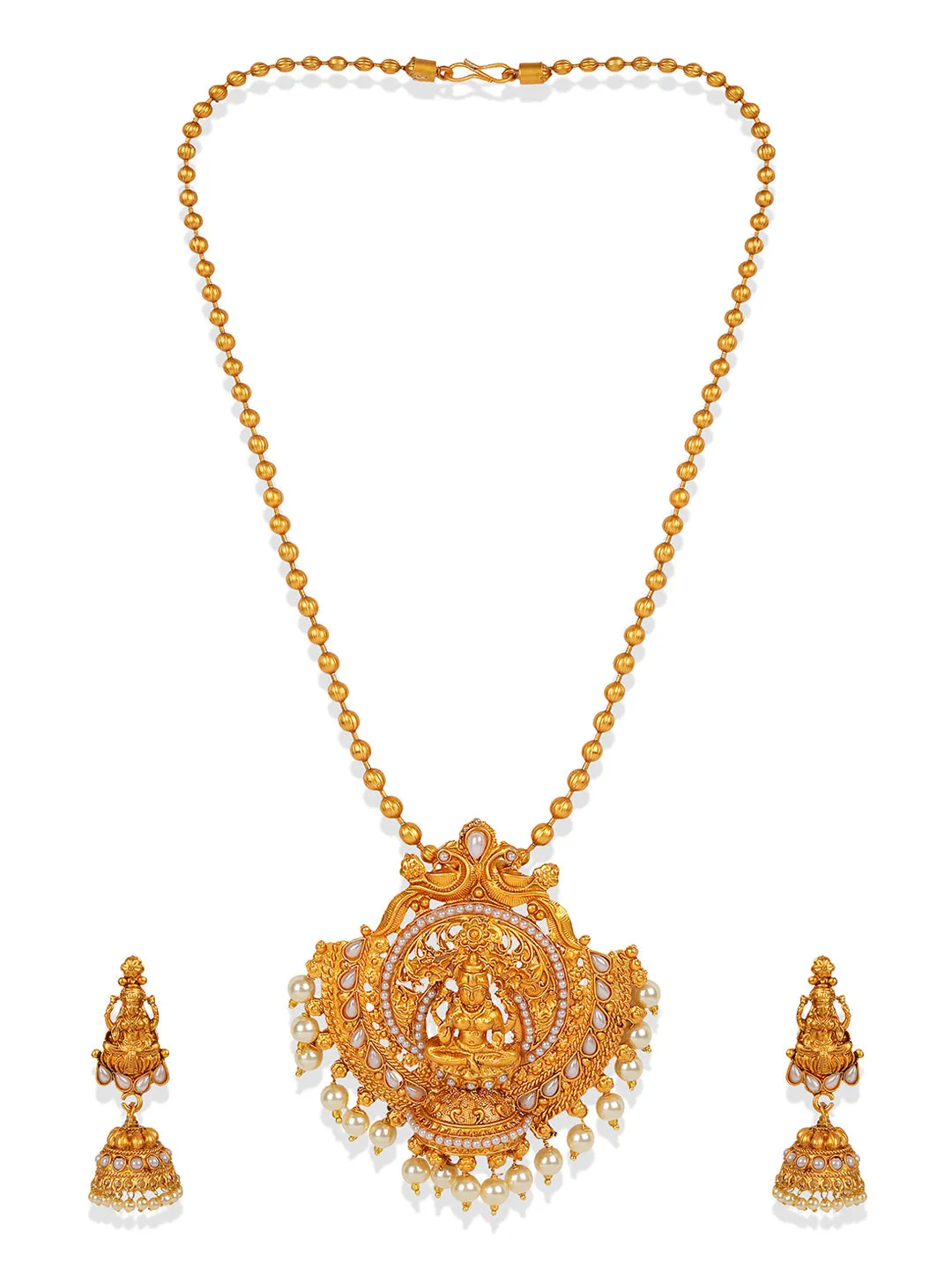 Antique Matte Gold Finish Goddess Laxmi White Stone Studded Temple Jewellery Set - Anikas Creation