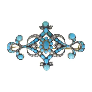 Antique Silver Turquoise & Pearl Gold Brooch