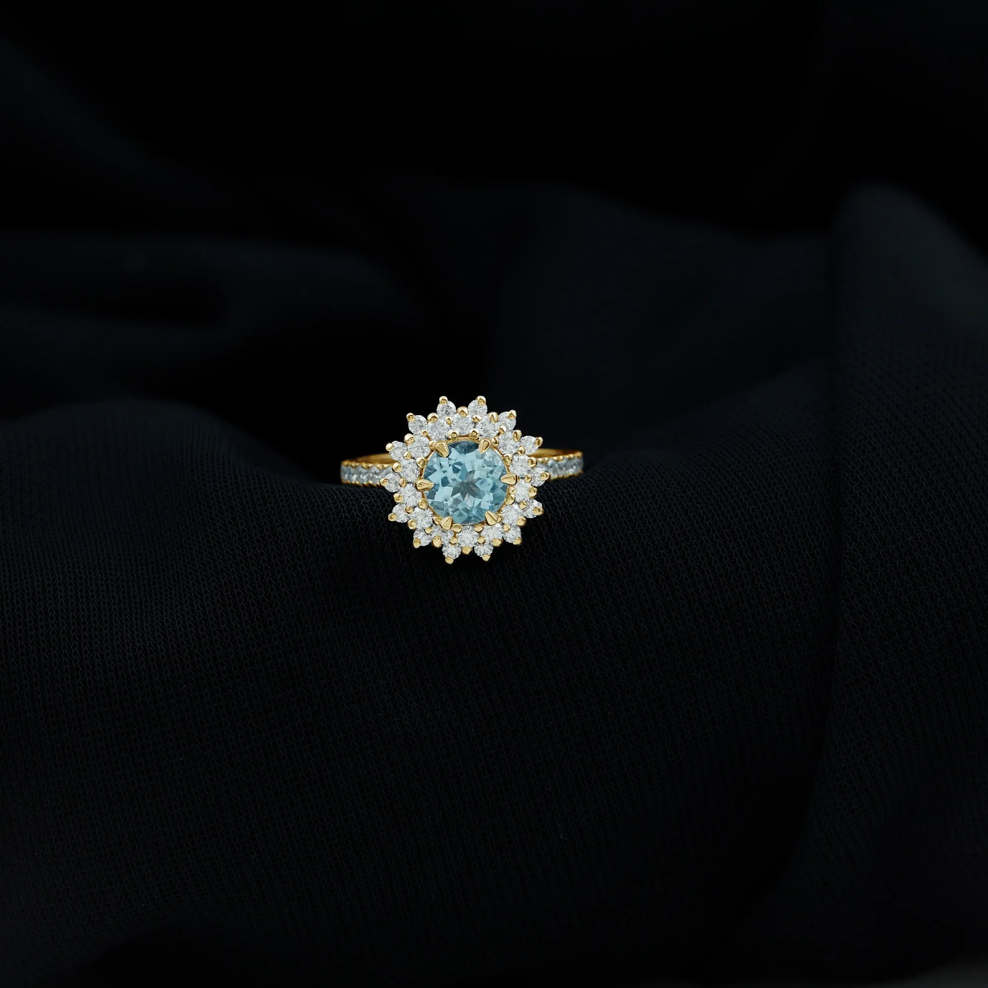 Aquamarine and Moissanite Cluster Halo Engagement Ring