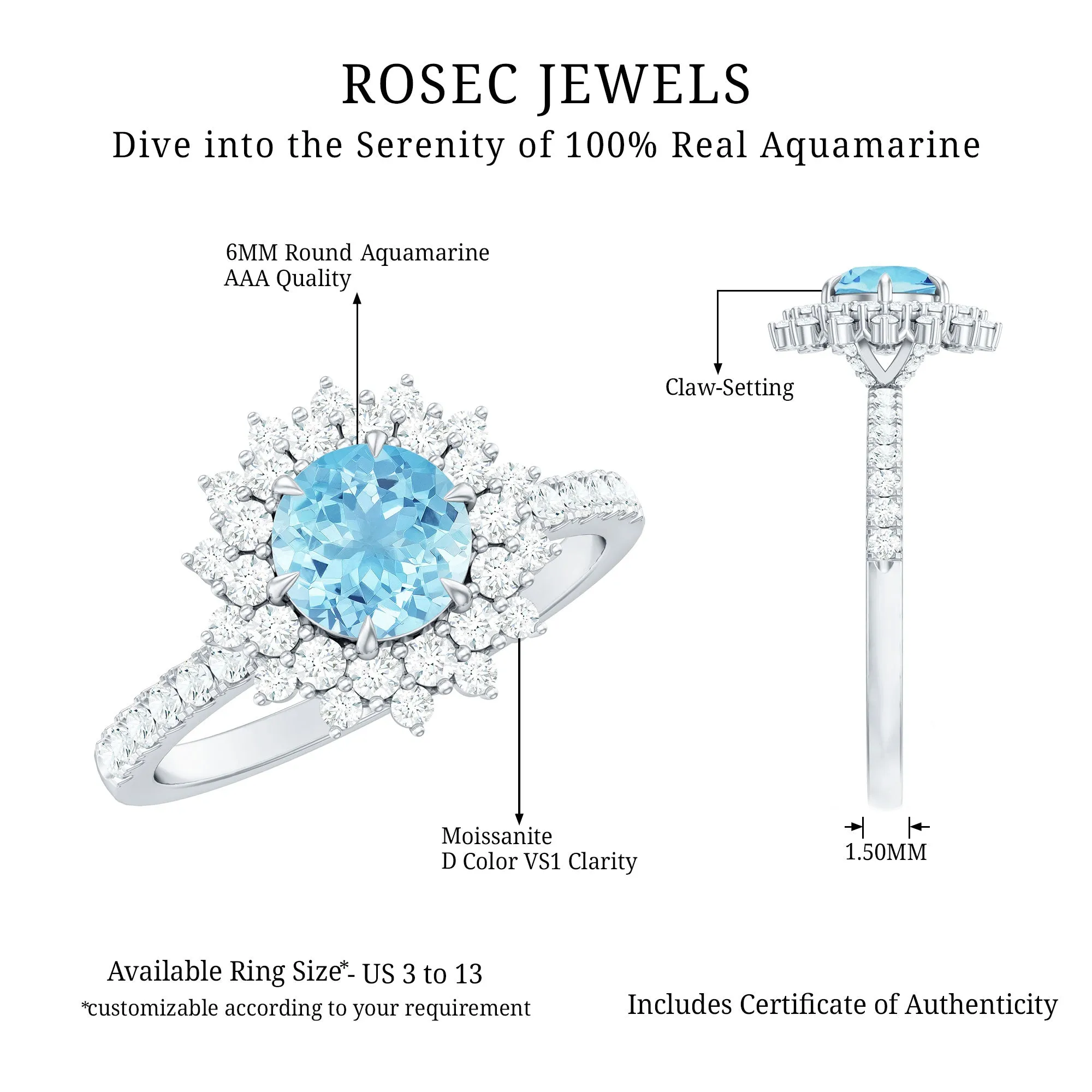 Aquamarine and Moissanite Cluster Halo Engagement Ring