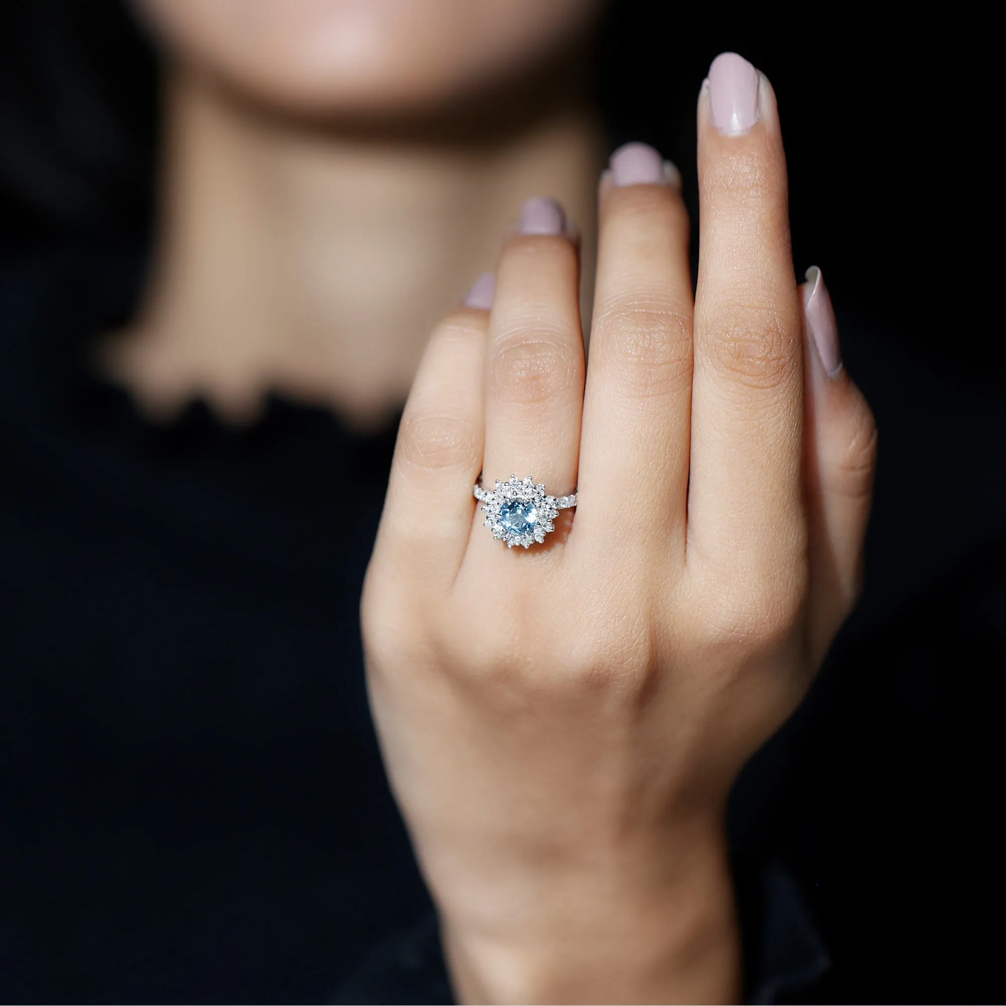 Aquamarine and Moissanite Cluster Halo Engagement Ring