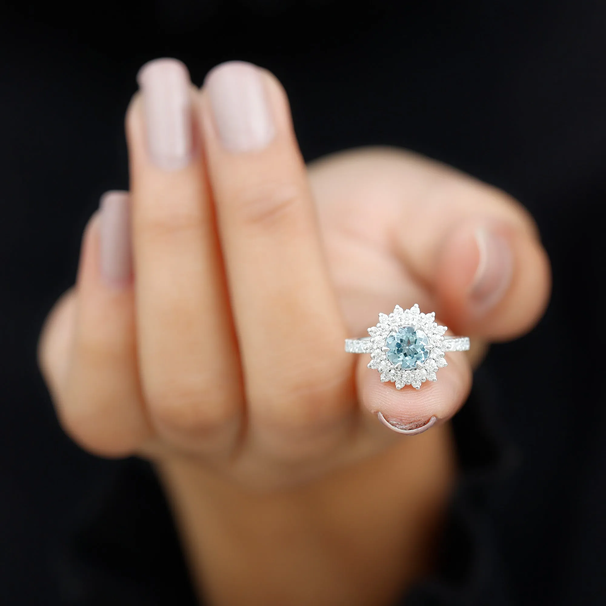 Aquamarine and Moissanite Cluster Halo Engagement Ring